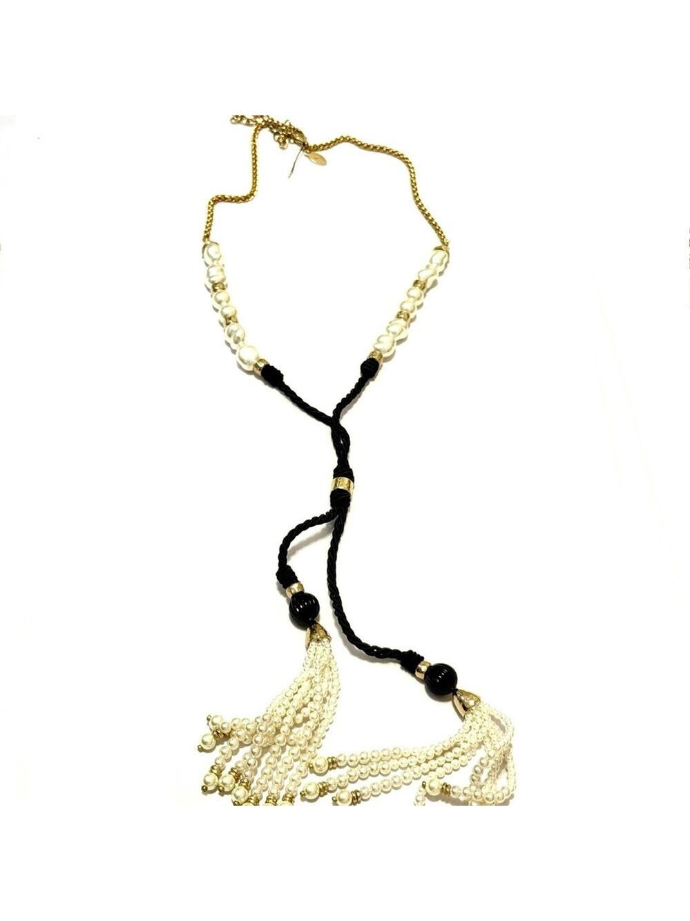 Chico's Black Cord and Pearl Tassel Y Necklace NWT